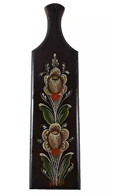 VTG Wood Wall Decor Paddle Norwegian Rosemaling Flowers Folk Art Black 8x2  • $11.99