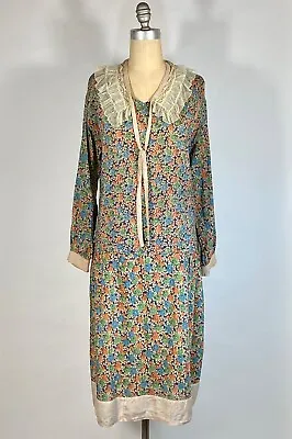 Vintage 1920's Floral Light Wt SILKCOT Drop Waist Dress W/lace Collar Size S/M • $275