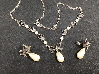 Bow Necklace & Earrings Faux Pearl & Marcasite In 925 Sterling Silver 15” • $32.99