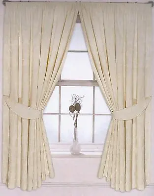 Pair Of Cream Pencil Pleat Jacquard Curtains Floral Design Fully Lined Tiebacks • £19.50