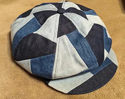 Vintage 70s Blue Denim Panel Patchwork Newsboy Baker Cap Hat Work Wear 58 Cm • $16.01