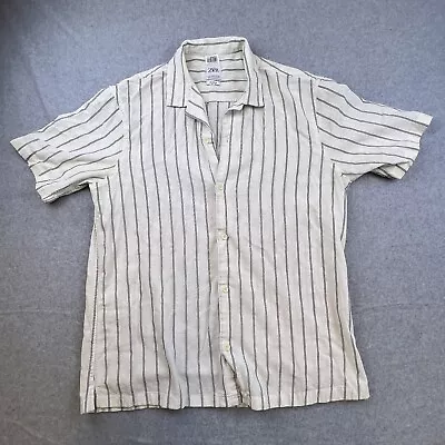 Zara Mens Shirt XL White Striped Button Up Relaxed Fit Short Sleeve Collared • $18.88