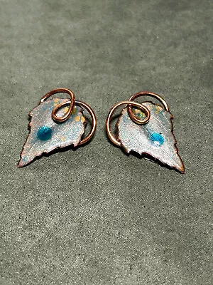 Leaf Design Copper Earrings Marked Renoir And Matisse -clip Enameled Blue 1.25 L • $16