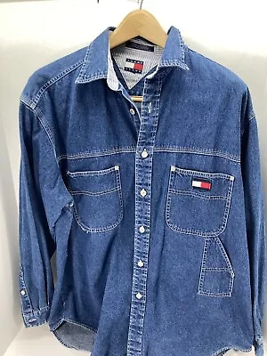 Tommy Jeans Hilfiger Denim Shirt Men Size XL Blue Long Sleeve Silver Button VTG • $29.95