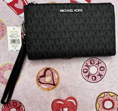 Michael Kors Travel Double Zip Wallet Phone Case Wristlet Mk Black Logo Nwtags! • $69.95