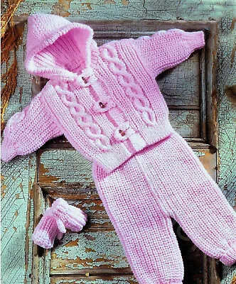 Baby Girls Cable Hooded Jacket Cardigan Trousers KNITTING PATTERN Aran 18 - 26  • £2.15