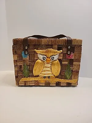 Owl Wicker Purse Checkered Woven Handmade Lined Vintage Lunch Basket  • $21.60