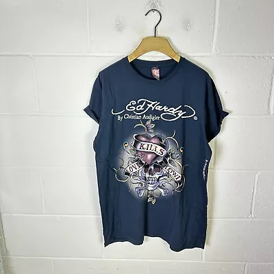 Vintage Ed Hardy Shirt Mens Extra Large Blue Skull Y2K Christian Audigier Tattoo • £33.95