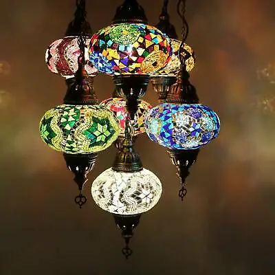 £201.99 • Buy Turkish Moroccan Glass Mosaic Hanging Ceiling Pendant Lamp Light 7 Large Globe