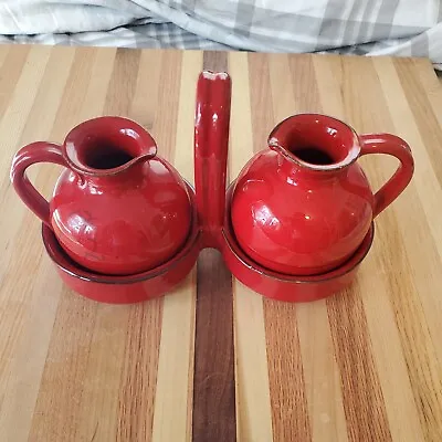 Vintage MAMMA RO Red Oil And Vinegar Cruet Set W/ Caddy Stand Made In Italy  • $35.10