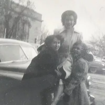 Vintage Black And White Photo Young Women Lifting Friend Holding Up Road City • $6.69