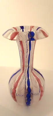 Vintage Murano Art Glass Zanfirico Ribbon Latticino Rolled Top Vase • $71.55