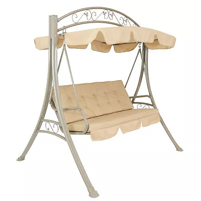 3-Person Steel Patio Swing Bench With Canopy/Cushion - Beige By Sunnydaze • $349