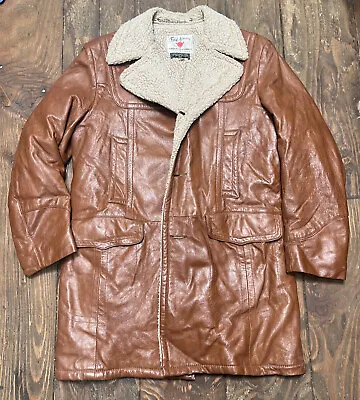 Vintage Mens 40L M 40 Leather FIELD & STREAM Coat Cowboy Faux Shearling Western • $59.91