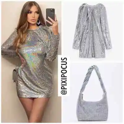 $115 • Buy Zara New Limited Edition Draped Sequin Dress Holographic Silver - L Large
