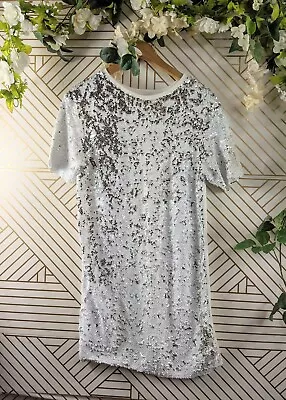 Zara Trafaluc Women's Sequin Silver White Dress Boxy Short Sleeve Size Small • $12.99