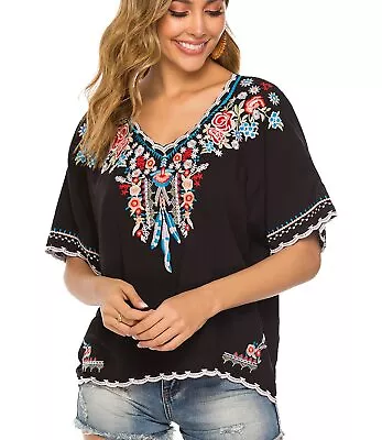 Higustar Summer Mexican Boho Embroidered Tops For Women Peasant Bohemian Casual • $26.39