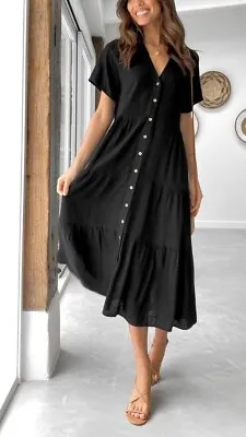 £29.99 • Buy Tiered Black Midi Dress With Buttons As Seen On Instagram - Size Small (8-10)