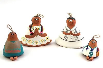 Set Of 4 Hand Painted Mexican Pottery Bell Ornaments El Hombre Señora Clay Angel • $21.99