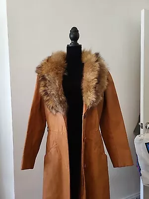 Vintage 60s 70s Butterscotch Brown Leather Trench Coat Size 14 Fox Fur Trimmed • $50