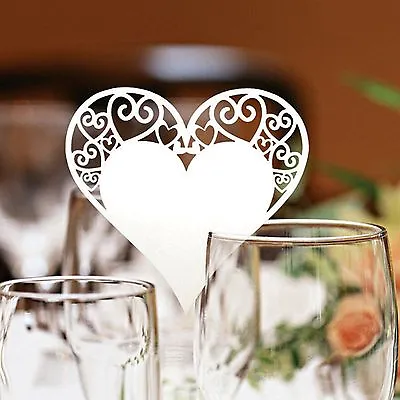 £5.50 • Buy Heart Wedding Name Place Cards For Wine Glass Laser Cut On Pearlescent Card