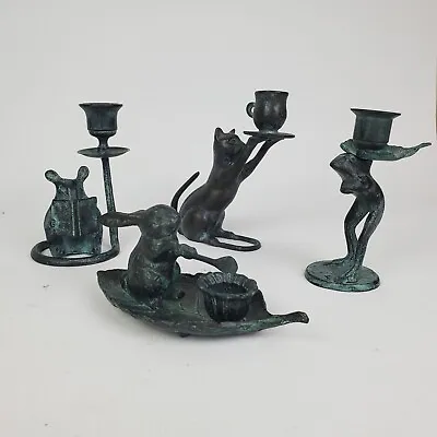 Vintage Lot Of 4 Green Patina Brass Candlestick Holders Cat Mouse Bunny Frog • $98