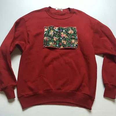 Quacker Factory Sz M Reversible Patch Cat Snowman Christmas Red Sweatshirt A1977 • $11