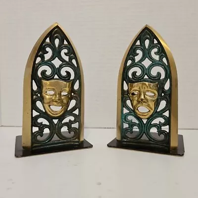 Vintage Set Oppenheim Israel Brass Bookends Comedy TRAGEDY MASK CATHEDRAL WINDOW • $19.99