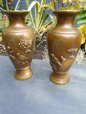 Pair Japanese Bronze Vases With Birds And Flowers In Relief • £110