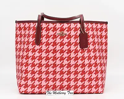 COACH CITY TOTE Pink Red Houndstooth Print Canvas & Leather CJ626 NWT $398 • $179