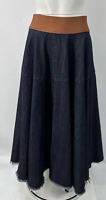 Marni ALTERED Dark Blue Denim Midi Skirt With Brown Elastic Waistband Sz 44 • $149