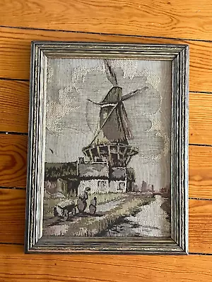 Vintage Tan Brown & Green Dutch Windmill Tapestry Scene In Ornate Gilt Painted • $13.99