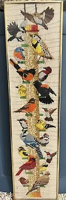 Embroidered Cross Stitch Framed Picture Birds On Bird Feeder Vintage • $95