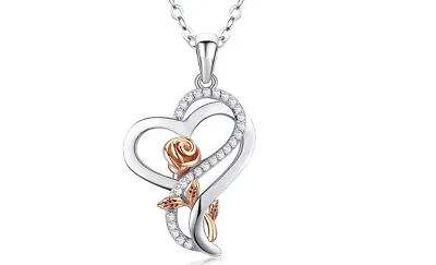 925 Sterling Silver Heart Rose Flower Pendant Necklace 18  Adjustable - Gift  • $9.99