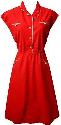 VTG 70s Diner Waitress Dress 8 Fit Flare Cap Sleeve POCKETS Red Tan Retro Pinup • $69.99