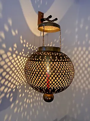 Antique Middle-Eastern Pierced Brass Hanging Globe Lantern • $350