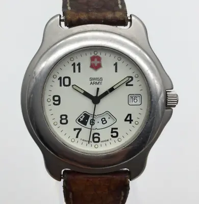 Vtg Swiss Army Officer Watch Men 36mm Silver Tone Date Dual Time New Battery • $179.99
