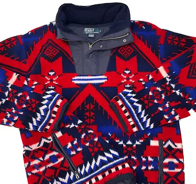 $134.99 • Buy Vintage Polo Ralph Lauren Fleece Sweater Jacket Navajo Aztec 1/2 Zip Snap Hooded