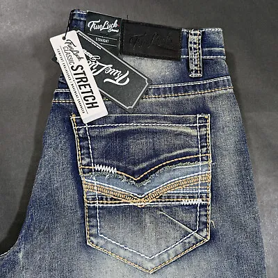 True Luck Men Straight Distress Jeans Size 30x30 32x32 38x32 36x32 Embroidered • $39.05