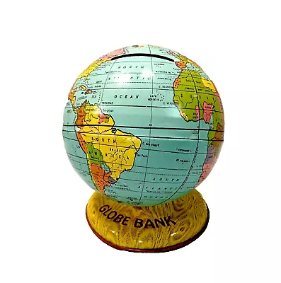 Vintage World Globe Coin Bank With Stopper Metal Tin LIitho J Chein 4 Inch • $19.99