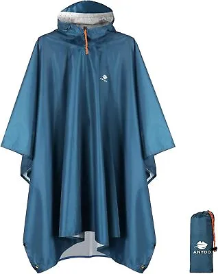 Anyoo Waterproof Rain Poncho Lightweight Reusable Hiking Coat Sea Blue • £37.23