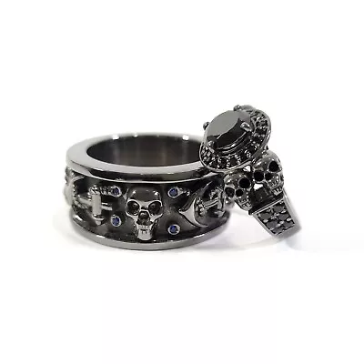 Halo Onyx Black Skull Engagement Ring Set His And Her Matching Gothic Gun Metal • $681.99