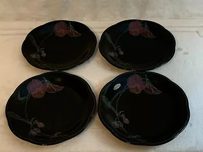 MINT 4 Mikasa 8” Rondo Tango Salad Plates EJ702 Lavender Flowers Scalloped Black • $19.99