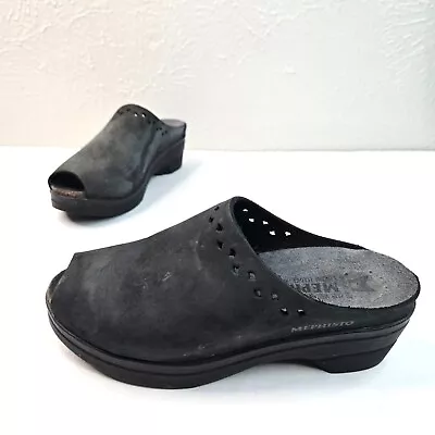 Mephisto Platform Clog Shoes Sz 7 Black Leather Slip On Peep Toe Comfort Mules • $45