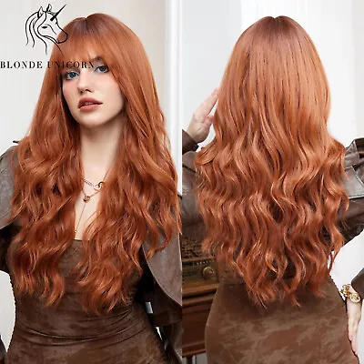 Blonde Unicorn Long Ombre Red Orange Wig Synthetic Wavy Wigs With Bangs Cosplay • $19.99