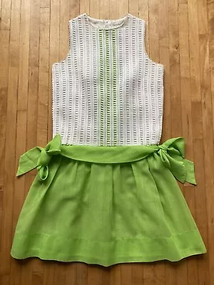 Vintage MOD MINI DRESS 1960’s 1970’s Green & White Side Ties Dropwaist Crochet • $30