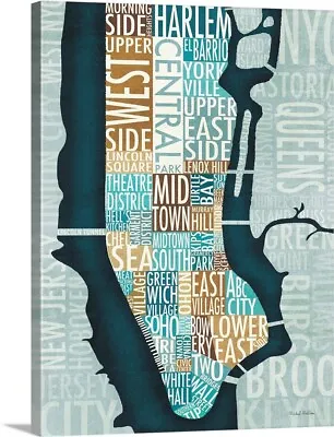 Manhattan Map In Blue And Brown Canvas Wall Art Print Boston Home Decor • $49.99