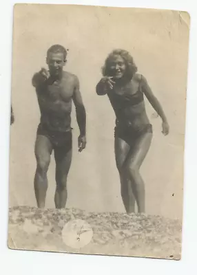 Photo Small Shot Man Woman Swim Trunks Shirtless Beach VTG • $15