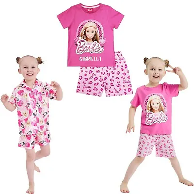 Girls Barbie Short Personalised Pyjamas Doll Satin Button Pyjamas 4-12 Yrs • £12.45