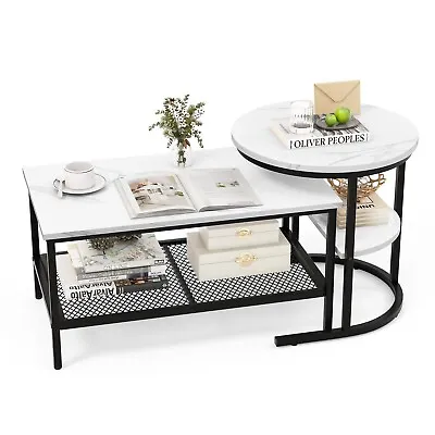 Set Of 2 Coffee Nesting Table Set Detachable 2-Tier Sofa Side Table Faux Marble • £64.95